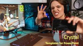  Presentation with selfie - Cool new presentation theme with streamers - excited girl gamer sitting backdrop and a tawny brown colored foreground