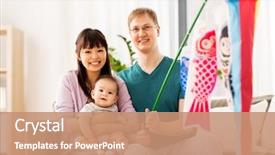  Presentation with asian carp - Presentation design enhanced with streamers - mixed-race family children's day background and a coral colored foreground