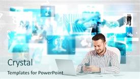  Presentation with blue tech - Audience pleasing slides consisting of streaming media - business person at desk backdrop and a sky blue colored foreground