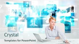  Presentation with blue business - Amazing presentation design having streaming video - business person at desk backdrop and a cool aqua colored foreground