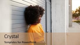  Presentation with black woman - Colorful PPT layouts enhanced with street against grey security shutter backdrop and a coral colored foreground