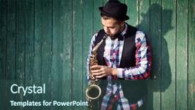  Presentation with young children playing multicultural - Slide deck consisting of street art - young man playing on saxophone background and a ocean colored foreground