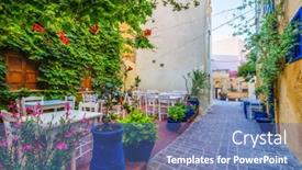  Presentation with crete island - Slide set enhanced with street-cafe-in-scenic-picturesque background and a ocean colored foreground