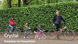  Presentation with man riding big bike motor - Slides having street children - happy family riding bikes background and a gray colored foreground