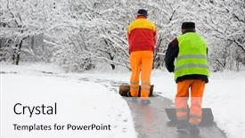  Presentation with pavement - Slide deck featuring street cleaning - workers removing first snow background and a white colored foreground