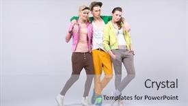  Presentation with gray - Audience pleasing PPT theme consisting of street fashion - three young friends posing backdrop and a light gray colored foreground