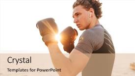  Presentation with sports - Colorful PPT theme enhanced with street fighter - photo of young handsome sports backdrop and a  colored foreground