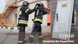  Presentation with firefighters - Audience pleasing theme consisting of street fighter - two firefighters demonstrate lock snapping backdrop and a gray colored foreground