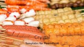  Presentation with thailand food - Audience pleasing theme consisting of street food in thailand - fried sausages and meatballs backdrop and a gold colored foreground