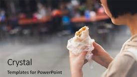  Presentation with snack food - PPT theme having street food vendor - woman eat traditional taiwanese snack background and a light gray colored foreground