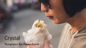  Presentation with vietnamese food spring roll - Presentation theme consisting of street food vendor - woman eat traditional taiwanese snack background and a coral colored foreground