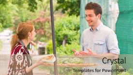  Presentation with street food - Amazing slides having street food vendor selling pizza backdrop and a coral colored foreground