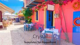  Presentation with island - PPT theme enhanced with street-in-kefalonia-island-greece background and a coral colored foreground
