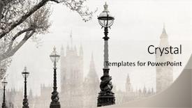  Presentation with london - Amazing PPT theme having street lamps - vintage view of london backdrop and a sky blue colored foreground
