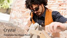  Presentation with instrument - Cool new PPT layouts with street musician tuning his instrument backdrop and a coral colored foreground