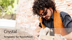  Presentation with instrument - Beautiful PPT theme featuring street musician tuning his instrument backdrop and a lemonade colored foreground