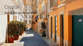 Presentation with paving - Slides featuring street-of-lisbon-old-town background and a coral colored foreground