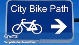  Presentation with power engine bike - Amazing PPT theme having street post - city bike path sign backdrop and a  colored foreground