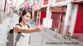  Presentation with digital self - Audience pleasing PPT theme consisting of street rod - young woman taking selfie backdrop and a  colored foreground