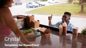  Presentation with street food - Cool new slide set with street sale and people concept - happy african american young man ordering wok at food truck backdrop and a tawny brown colored foreground