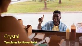 Presentation with food truck - Slide deck with street sale and people concept - happy african american young man ordering wok at food truck background and a tawny brown colored foreground