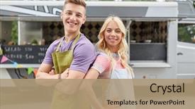  Presentation with people street - Beautiful slide deck featuring happy couple of young sellers backdrop and a coral colored foreground