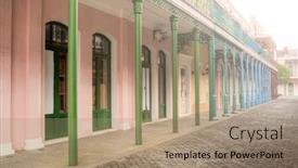  Presentation with sunshine - Presentation theme with street scenic with colorful buildings and pillar in sunshine daytime background and a coral colored foreground