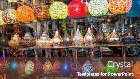  Presentation with street lights - Presentation theme enhanced with street-shop-with-colorful-chandeliers background and a tawny brown colored foreground