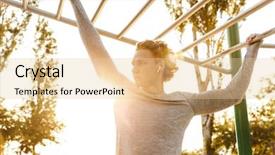  Presentation with exercises - Colorful slides enhanced with street soccer - concentrated young sportsman doing exercises backdrop and a  colored foreground