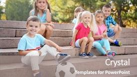  Presentation with street children - Amazing PPT layouts having street soccer - cute little children with ball backdrop and a gray colored foreground