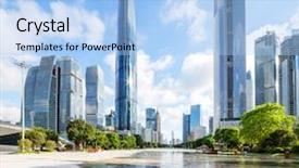  Presentation with blue sky - Cool new theme with street view - empty modern square and skyscrapers backdrop and a light blue colored foreground