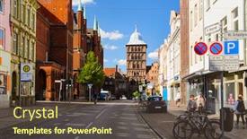  Presentation with street - Colorful presentation theme enhanced with street-view-of-lubeck-germany backdrop and a tawny brown colored foreground