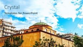  Presentation with city street - PPT layouts consisting of street-view-of-thessaloniki-city background and a cool aqua colored foreground