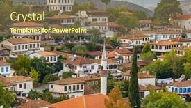  Presentation with street - Colorful presentation theme enhanced with street-view-with-old-houses backdrop and a violet colored foreground