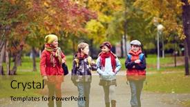  Presentation with street - Beautiful PPT theme featuring street walk - portrait of happy schoolkids talking backdrop and a gold colored foreground
