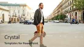  Presentation with modern elegant - Slide deck featuring street with leather male bag background and a mint green colored foreground