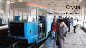  Presentation with civil engineering total station - Presentation theme featuring streetcar - station of rapid tram background and a mint green colored foreground