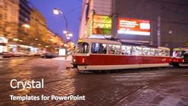  Presentation with empty road motion blur - Presentation theme having streetcar - vintage tram in motion blur background and a tawny brown colored foreground