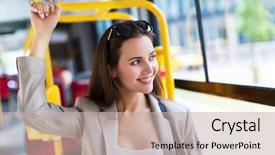  Presentation with bus - Amazing PPT theme having streetcar - woman on bus backdrop and a soft green colored foreground