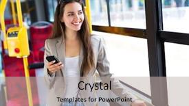  Presentation with bus - Slide set featuring streetcar - woman on bus background and a light gray colored foreground