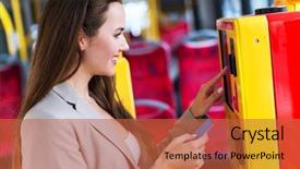  Presentation with ticket - Beautiful PPT theme featuring streetcar - woman using ticket machine backdrop and a red colored foreground