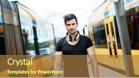  Presentation with tram - Slides consisting of streetcar - young man at tram station background and a  colored foreground
