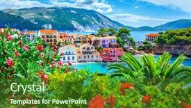  Presentation with village - Slide deck consisting of streetlight - assos village in kefalonia greece background and a  colored foreground