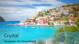  Presentation with livelihood village - Presentation theme having streetlight - assos village in kefalonia greece background and a  colored foreground