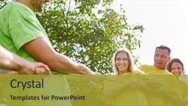  Presentation with building team - Amazing PPT theme having strength in tug of war backdrop and a gold colored foreground