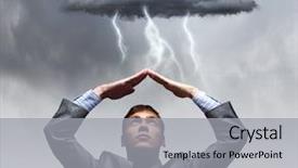  Presentation with rain - Presentation theme featuring strength limitations - businessman sitting under rain protecting background and a  colored foreground