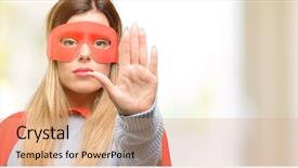 Presentation with strength - PPT theme with strength limitations - young super woman annoyed background and a coral colored foreground