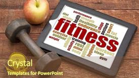  Presentation with tape measure - Presentation design enhanced with strength training - fitness word cloud background and a tawny brown colored foreground