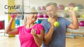  Presentation with exercises - Presentation theme featuring strength training - mature couple doing fitness exercises background and a soft green colored foreground