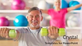  Presentation with fitness - Beautiful presentation theme featuring strength training - mature couple doing fitness exercises backdrop and a coral colored foreground
